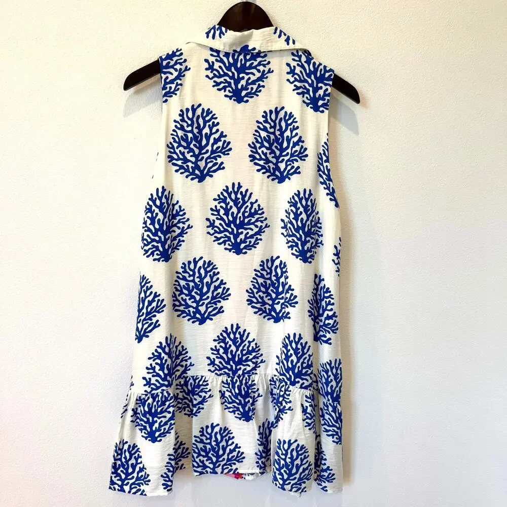 THML White Blue Coral Print Sleeveless Pleated Buttom Mini Dress Pink Trim NWT-M - Picture 2 of 10